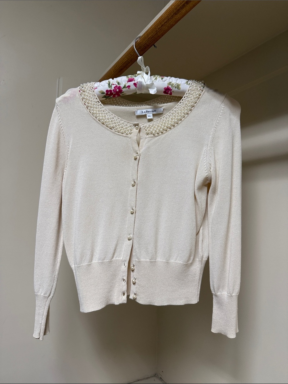 LK Bennett Pearl-Trim Cream Cardigan